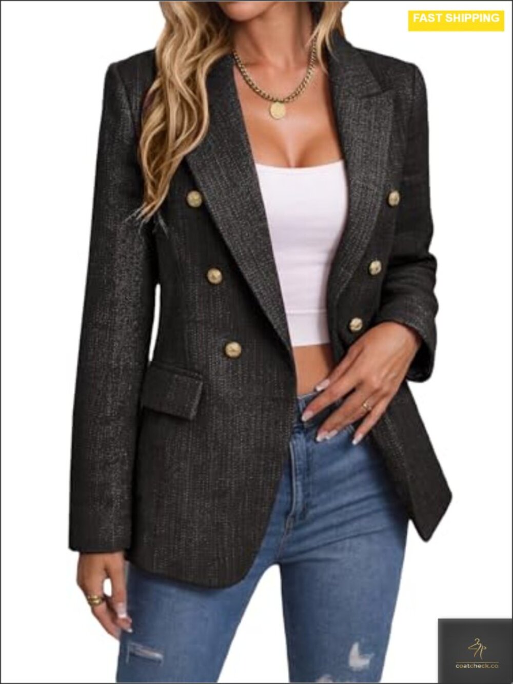 Women's Tweed Plaid Blazer Double-Breasted Notch Lapel